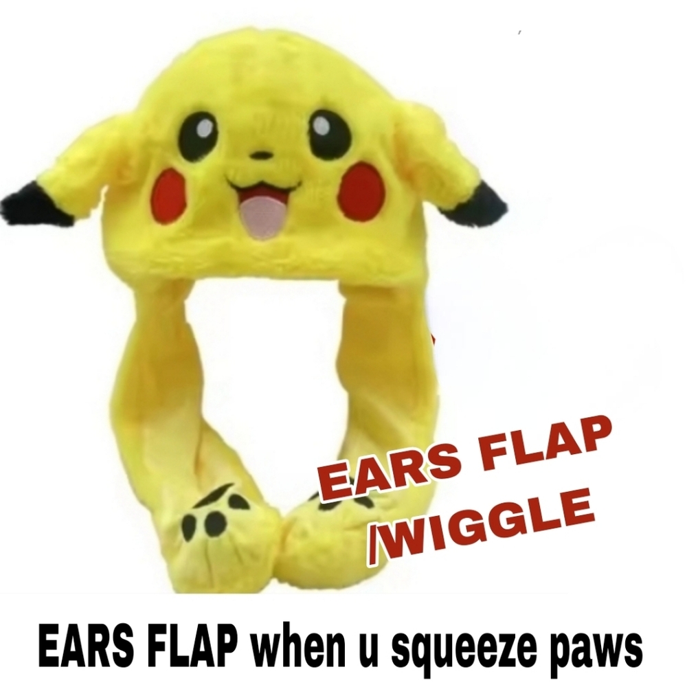 Pikachu POKEMON Plush Hat With Moving Ears. Swueeze The Paws & The Ears Pop